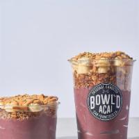 These Nuts Acai Bowl · Blended with: 
acai, strawberry, and banana. 

Topped with: 
Gluten Free granola, banana, sl...
