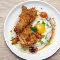 Fried Chicken & Grits · 24hr brined fried chicken, Tabasco aioli, green onion, and cherry Tomatoes, over your choice...