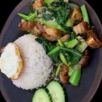 Kow Ka Na ข้าวคะน้าไข่ดาว · Choice of protein with Chinese broccoli, garlic served with rice and on top with a fried egg