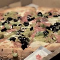 Haight-Ashbury · Salami, black olives, chopped pepperoncini, green onions, red sauce.