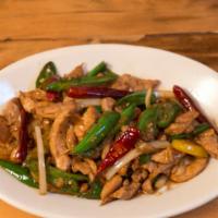 Chilli Chicken · Stir-fried withers bell peppers, serrano chili and scallions.