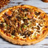 Locked & Loaded Pizza · Italian housemade sausage, cremini mushrooms, bell peppers, red onions, mozzarella cheese an...
