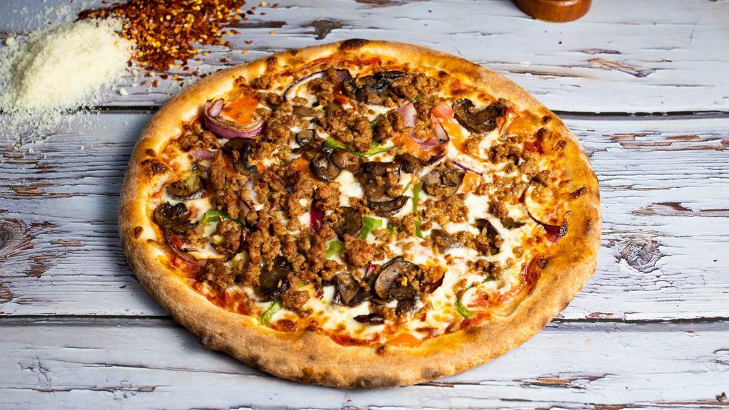 Locked & Loaded Pizza · Italian housemade sausage, cremini mushrooms, bell peppers, red onions, mozzarella cheese and San Marzano tomato sauce.