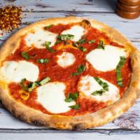 Margherita Mayhem · Fresh mozzarella cheese, fresh basil, extra virgin olive oil, and San Marzano tomato sauce. ...