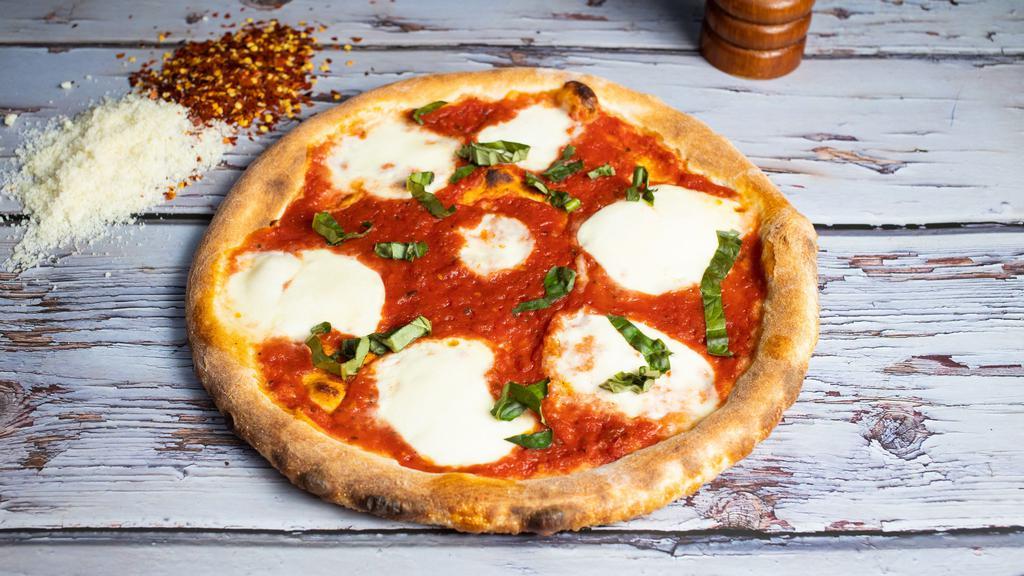Margherita Mayhem · Fresh mozzarella cheese, fresh basil, extra virgin olive oil, and San Marzano tomato sauce. All our pizzas are handmade by our dough obsessed Pizzaiolo using Caputo 