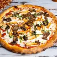 Chick & Shrooms Pizza · Free range chicken breast, cremini mushrooms, garlic, basil, mozzarella, and San Marzano tom...