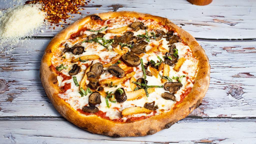 Chick & Shrooms Pizza · Free range chicken breast, cremini mushrooms, garlic, basil, mozzarella, and San Marzano tomato sauce. 

All our pizzas are handmade by our dough obsessed Pizzaiolo using Caputo 