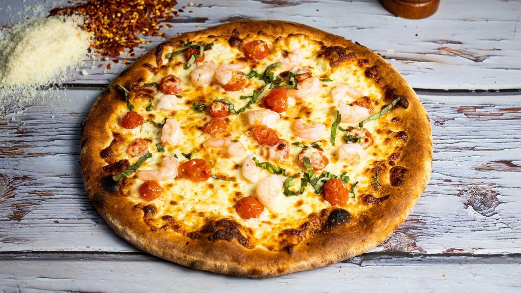 Shrimply The Best · Shrimp, cherry tomatoes, garlic, basil, and mozzarella.

All our pizzas are handmade by our dough obsessed Pizzaiolo using Caputo 