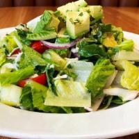 KATERINA'S SALAD.. · Romaine lettuce, green cabbage, cherry tomatoes, cucumber, avocado, red onion, cilantro, lem...