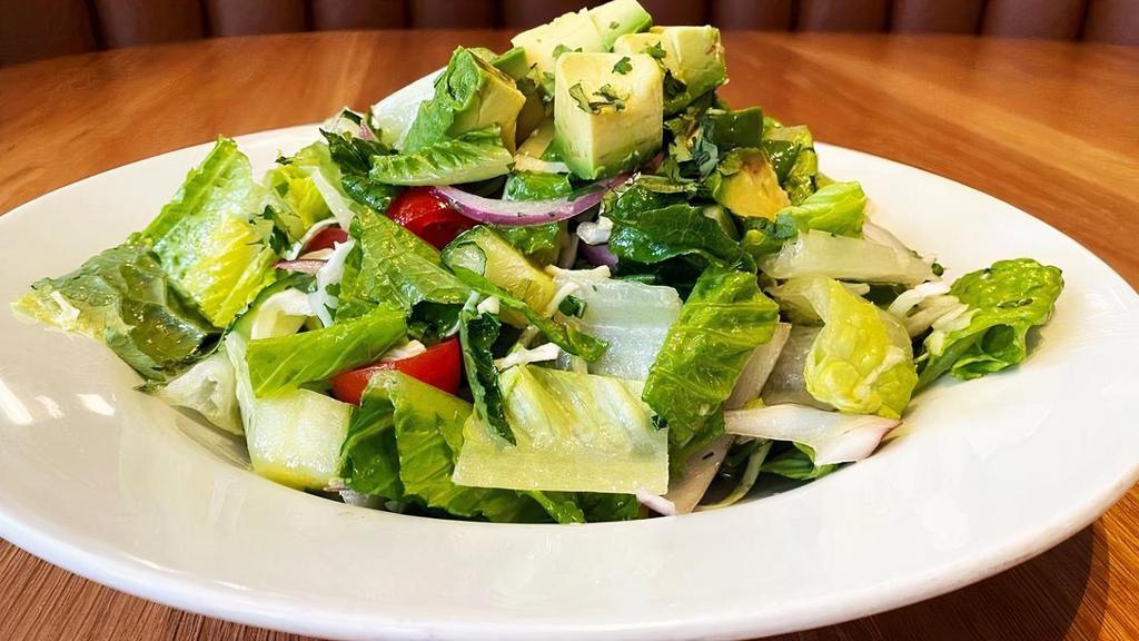 KATERINA'S SALAD.. · Romaine lettuce, green cabbage, cherry tomatoes, cucumber, avocado, red onion, cilantro, lemon-olive oil vinaigrette