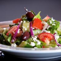 GREEK SALAD.. · Romaine lettuce, tomato, cucumber, bell pepper, onion, kalamata olives, feta cheese, herb vi...