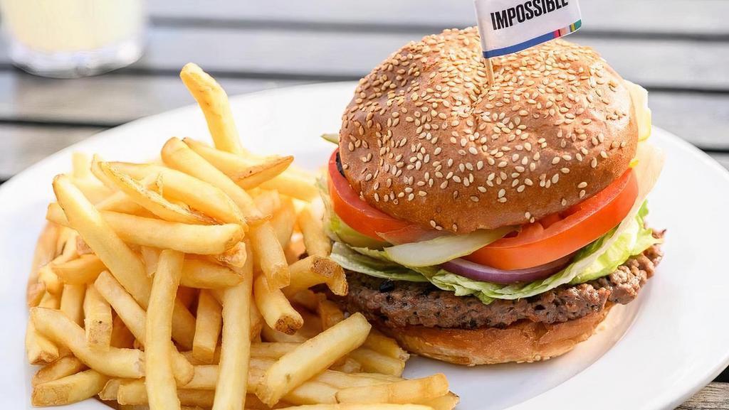 IMPOSSIBLE BURGER (VEGETARIAN).. · Patty made entirely from plants, with lettuce, tomato, onion and pickle