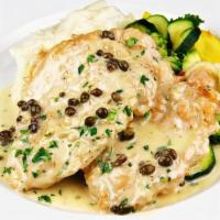 CHICKEN PICATTA · White wine, capers, cream, butter. . Served with mashed potatoes and vegetables.