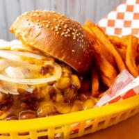 Gnarly Burger · Chili cheese burger with Cheddar cheese and onions.