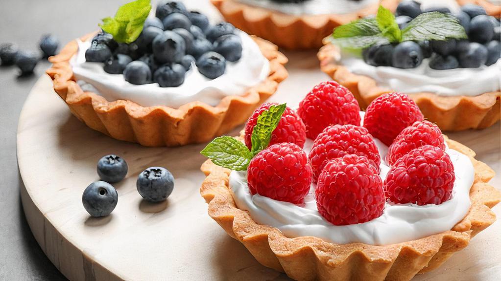 Assorted Fresh Fruit · A buttery short dough tart shell filled with creme patissiere and seasonal fresh fruit which may include mango, kiwi, strawberries, raspberries, blackberries, and grapes, finished with apricot glaze.