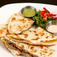 Quesadilla · Flour tortilla, Monterey jack cheese, choice of meat, onions, cilantro and salsa. Includes a...
