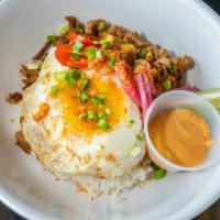 Sisig Bowl · Pork sisig over jasmine rice, pickles red onions, cherry pepper, green onions, firecrackin' ...
