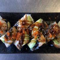 Dragon Roll · Tempura shrimp, crab salad, cucumber, topped with avocado and eel unagi.