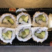 Veggie Roll · Avocado, cucumber, takuan: yellow pickled radish, topped with sesame seeds.