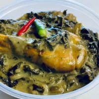 Laing (12 oz) · Taro leaves cooked in coconut milk with pork and shrimp