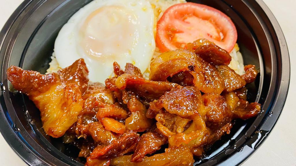 Tocilog · Sweet cured Pork, garlic fried rice, fried egg, sliced tomato
