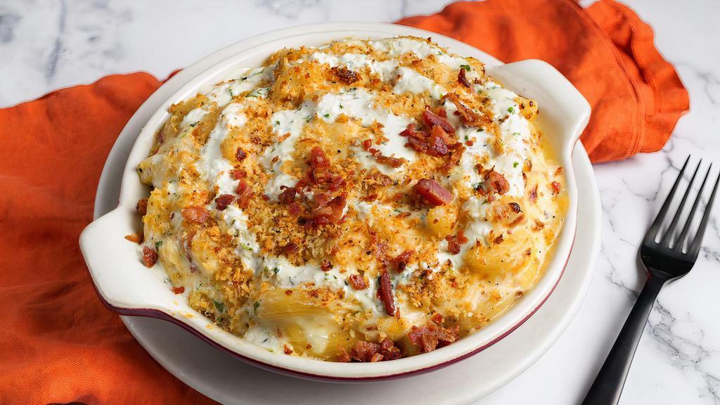 Chicken Bacon Ranch Mac by Homeroom · By Homeroom. For the ranch lovers! Grilled chicken, bacon and cheddar. Topped with crispy breadcrumbs and homemade ranch. Contains gluten and dairy. We cannot make substitutions.