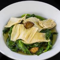 6120. Poached Tender Pea Shoots with Fresh Bean-Curd Sheets & Roasted Garlic · 