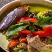 Keow-Wan · Green curry with your choice of protein* cooked in coconut milk with eggplant, string bean, ...