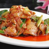 8. Twice Cooked Pork Slices with Minced Leek 回锅肉 · Spicy.