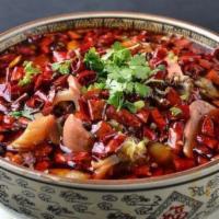 8. Boiled Pork Blood Curd in Chili Oil 毛血旺 · Spicy.