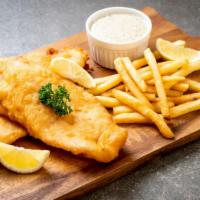 Fish n' Chips · 2 pieces of fresh fried battered fish served with a side of tartar sauce, cocktail sauce, an...