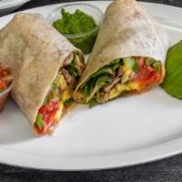 Avolicious Breakfast Burrito · Avocado, eggs, cheddar cheese, tomatoes and onions wrapped in a flour tortilla.