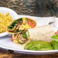 Ground Breaking Chicken Breakfast Burrito · Ground chicken, eggs, onions, tomatoes, bell peppers, beans and cheese wrapped in a flour to...
