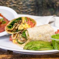 Juicy Bacon Breakfast Burrito · Bacon, eggs, cheddar cheese, tomatoes and onions wrapped in a flour tortilla.