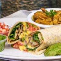 David Shawarma Chicken Breakfast Burrito · Chicken shawarma, eggs, onions, tomatoes, bell peppers, beans and cheese wrapped in a flour ...