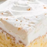 Tres Leches Cake · A soft and ultra-moist crumb soaked with a 3 milk mixture and topped with a lightly sweetene...