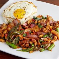 Basil Chicken with Fried Egg · Minced Chicken sautéed with garlic, onion, red bell pepper, green bean, basil and finished w...