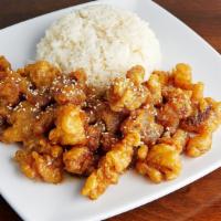 Honey Chicken with Rice · Deep-fried marinated chicken tossed with honey sauce.