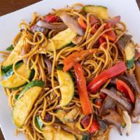 Veggie Garlic Noodles · Sauteed with squash, red bell pepper, onion, butter, garlic, Parmesan cheese, and R&B's blen...