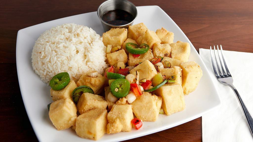 Salt & Pepper Tofu With Rice · Deep fried tofu tossed with salt & pepper, jalapeno, and green onion.