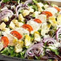 Box Salad · Serves three or four. Spring mix, artichoke hearts, red onion, kalamata olives, plum tomatoe...