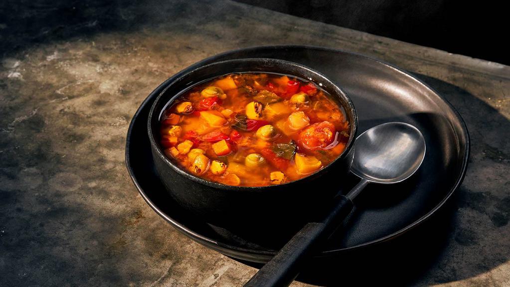Kids Ten Vegetable Soup · 60 Cal. Tomatoes, red and yellow peppers, onions, corn, carrots, celery, spinach, poblano peppers and garlic simmered in seasoned vegetable stock with chickpeas, sprouted brown rice and red fife and dried Aleppo chile. Allergens: Contains Wheat, Soy