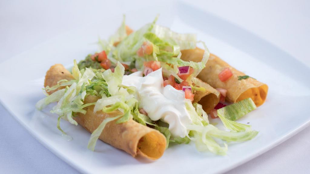 Flautas · 3 Rolled tortilla filled with shredded chicken, crispy fried and served with lettuce, sour cream, and guacamole, three per order.