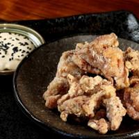 Chicken Karaage (6) · Gluten free. Fried boneless marinated chicken served with a soy-mayo dip.