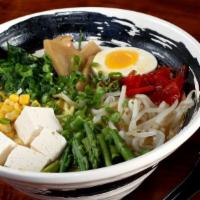 Vegetarian Miso (Hearty Miso Broth) · Fresh ramen noodles, tofu, soft boiled egg, bean sprouts, spinach, asparagus, corn, green on...