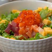 Hwe Dup Bap · Sashimi salad, lettuce, tobiko, rice, spicy sweet sauce.