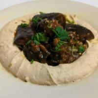 Hummus Eggplants · Hummus topped with sauteed Eggplants, Tomatoes, Onions, Garlic, Bell pepper and spices. Humm...