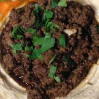 Hummus Ground Beef  · Hummus topped with Ground beef cooked with Tomatoes, Onions, Garlic, spices, and herbs. Humm...