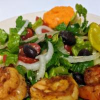 Grilled Shrimp or Prawn Salad · Grilled Prawns or Shrimp served with Greek Salad or other greens choices, hummus, green hot ...