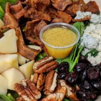 Spinach Apple Pecan Blue cheese · Spinach, apples, pecans, cranberries, bacon and blue cheese. Served with Maple-cider vinaigr...